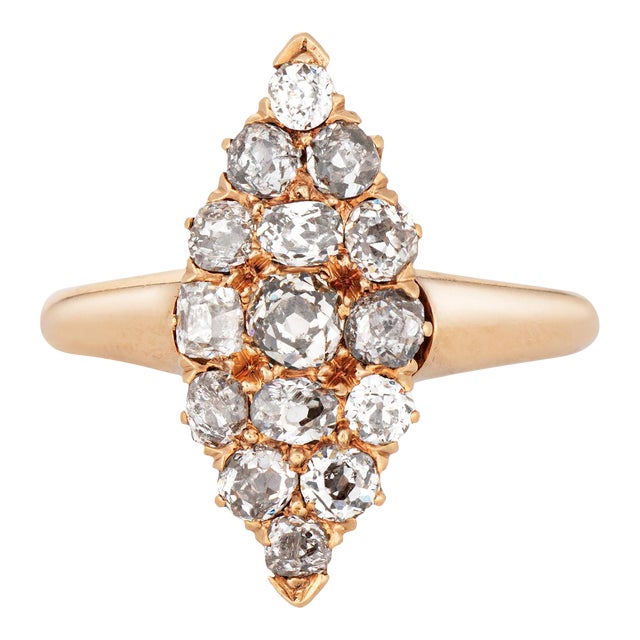 Antique Victorian Navette Ring 1ct Diamonds 14k Yellow Gold Sz 8.5 Fine Jewelry For Sale