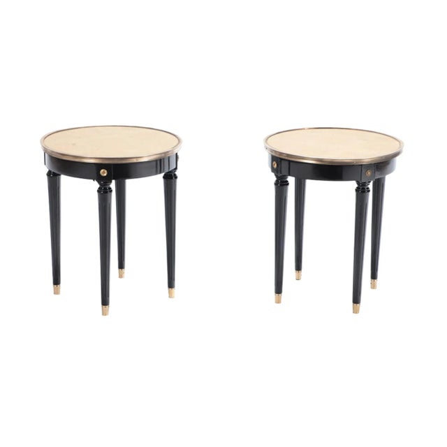 Gold Directoire Style Ebonized Tables With Gold Gilt Glass Tops. Circa 1950. A Pair For Sale - Image 8 of 8