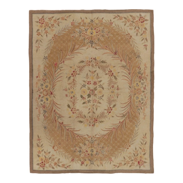 Antique 20th Century Hooked Rug in Gold With Floral Wreath Design - Rug & Kilim For Sale