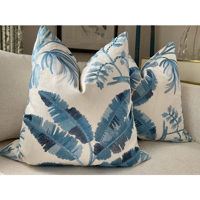 Brunschwig and Fils “Martil Emb” in Blue Embroidered Pillow - A 22" Pair For Sale - Image 4 of 4