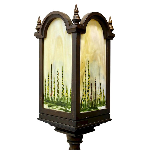 Early 20th Century Arts & Crafts Torchiere W/ Hand Painted Art Glass For Sale - Image 5 of 8