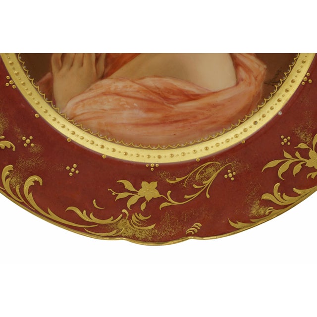 Antique Vienna-Style Portrait Cabinet Plate by Ahne Young Woman With Roses Burgundy & Gilt For Sale - Image 4 of 6