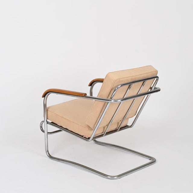 Tubular Chrome and Walnut Armchairs with Suede Upholstery, 1940s, Set of 2 For Sale - Image 17 of 18