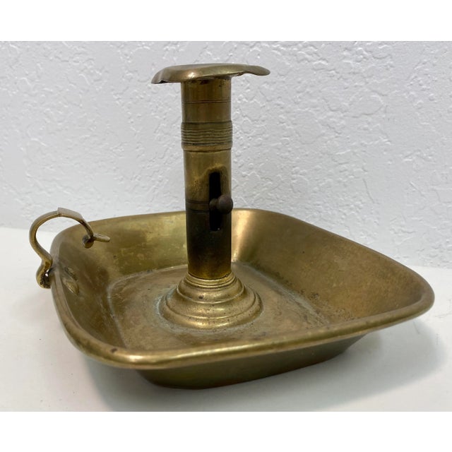 Antique Square Brass Push-Up Chamber Stick From England. Measures 7 3/4” W x 7” D x 5 1/4” T