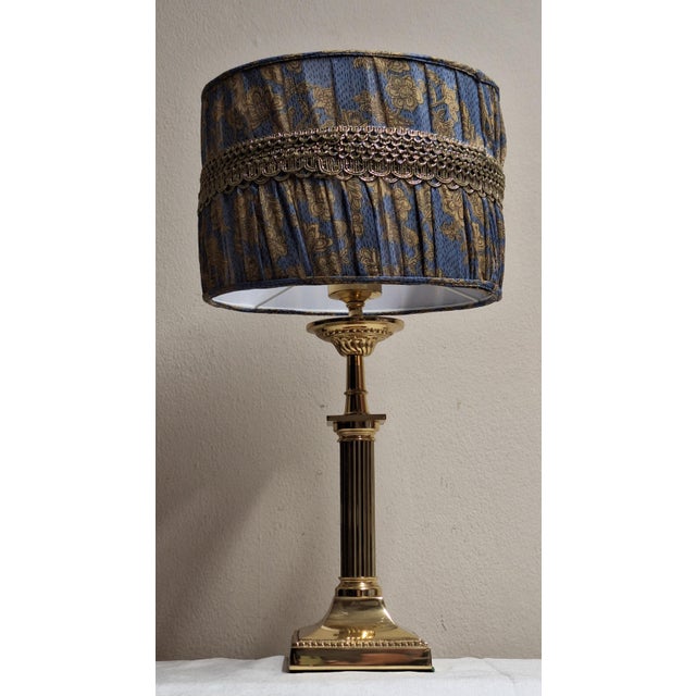 1990s Vintage Table Lamp with Ornate Brass Base and Blue Fabric Shade, 1990s For Sale - Image 5 of 7