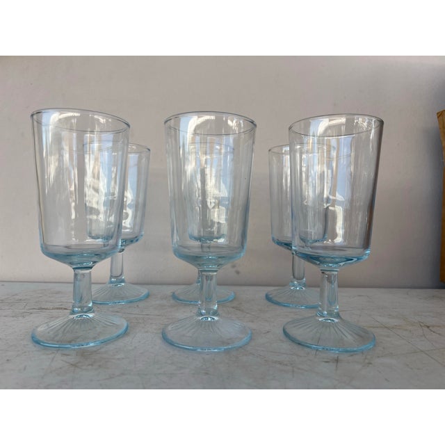 Vintage Mid Century Aqua Blue Tint Wine Goblets- 6 For Sale In West Palm - Image 6 of 9