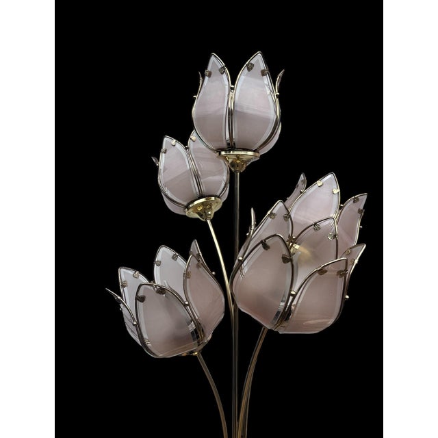 Italian Pair of Italian Mid Century Glass and Brass Lotus Flower Table Lamps For Sale - Image 3 of 12