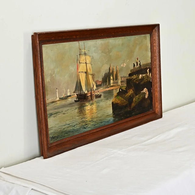 Textile French Vintage Oil on Canvas Seascape Painting For Sale - Image 7 of 8