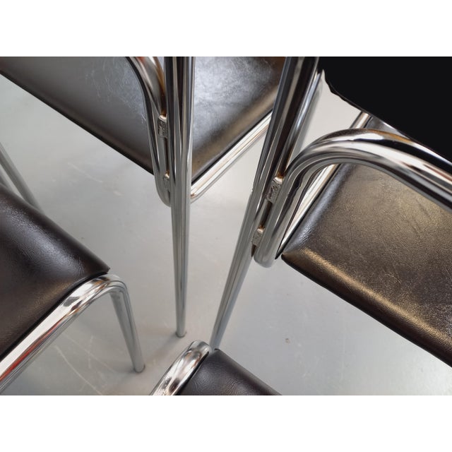 Vintage Italian Stackable Chairs in Chromed Metal and Black Imitation Leather, 1970s, Set of 6 For Sale - Image 9 of 18