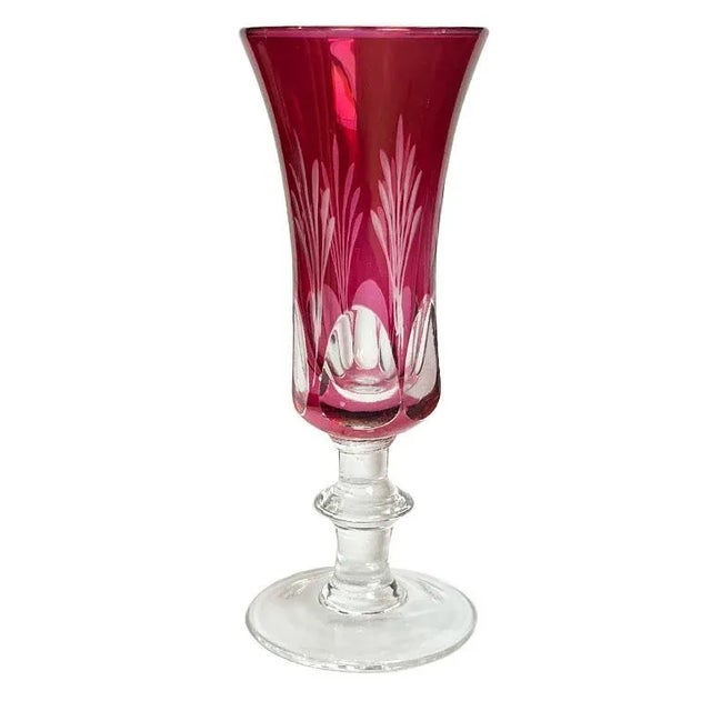 Mid-Century Modern Vintage Cut to Clear Cranberry Cordial Glasses in Original Box Set of 6 - Italy For Sale - Image 3 of 6