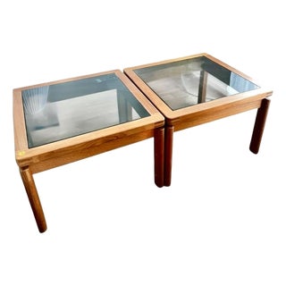 Pair of 1970s Danish Modern Teak Glass Top Side Tables For Sale