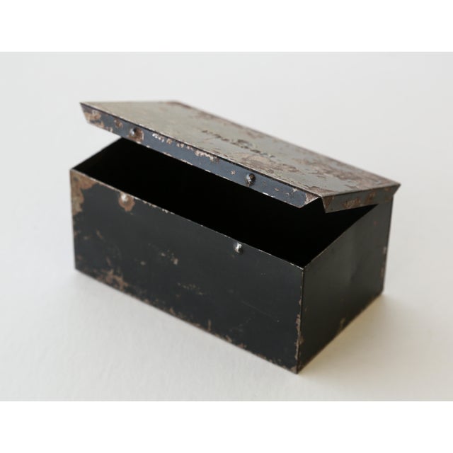 Metal 30s Vintage Industrial Metal Steel Tool Box With Rusty Patina and Chipping Black Paint For Sale - Image 7 of 17