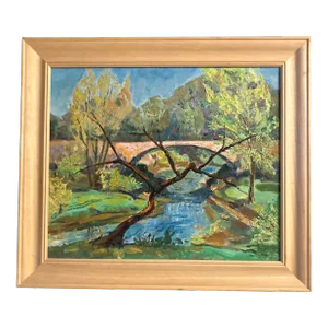 1960’s Vintage Impressionist Landscape With Bridge & Stream Painting Carved Raw Wood Frame