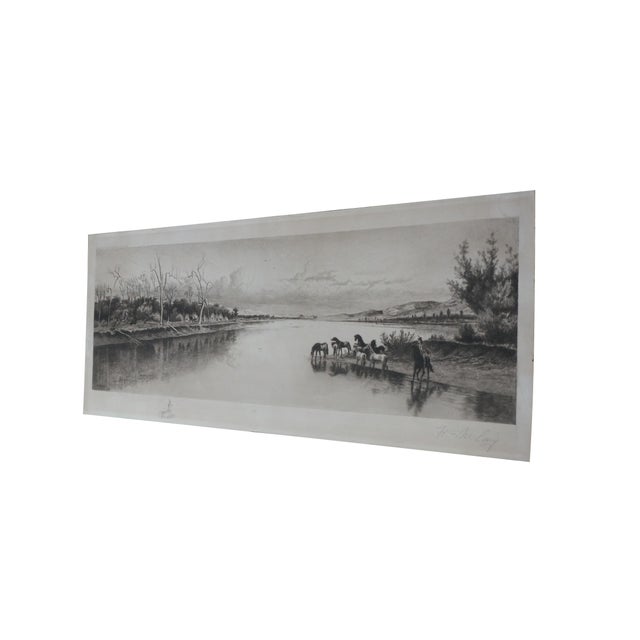 Late 19th century black and white etching titled "On the Upper Missouri" by William de la Montagne Cary. Panoramic...