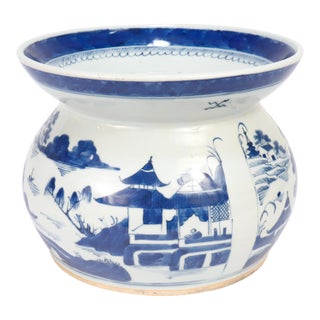 Antique Chinese Export Blue & White Canton Porcelain Spittoon For Sale