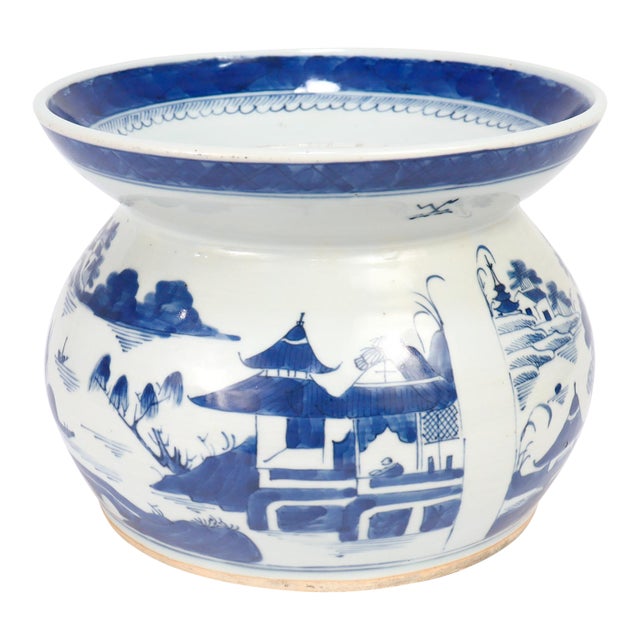 Antique Chinese Export Blue & White Canton Porcelain Spittoon For Sale