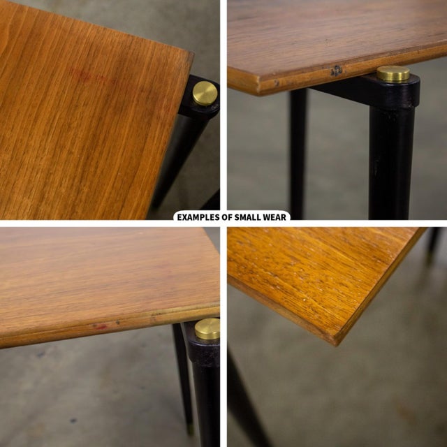 Mid-20th Century MCM Stacking Tables Walnut Veneer Tops Brass and Ebonized Legs Set of 3 For Sale - Image 16 of 18