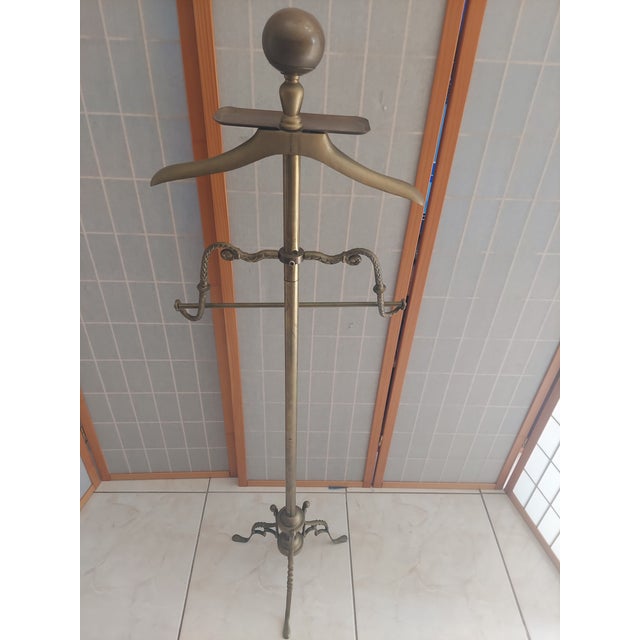 Vintage Art Deco Brass Gentleman's Valey Stand With Cannon Ball 1950's- 1960's Garment Rack. For Sale - Image 12 of 14