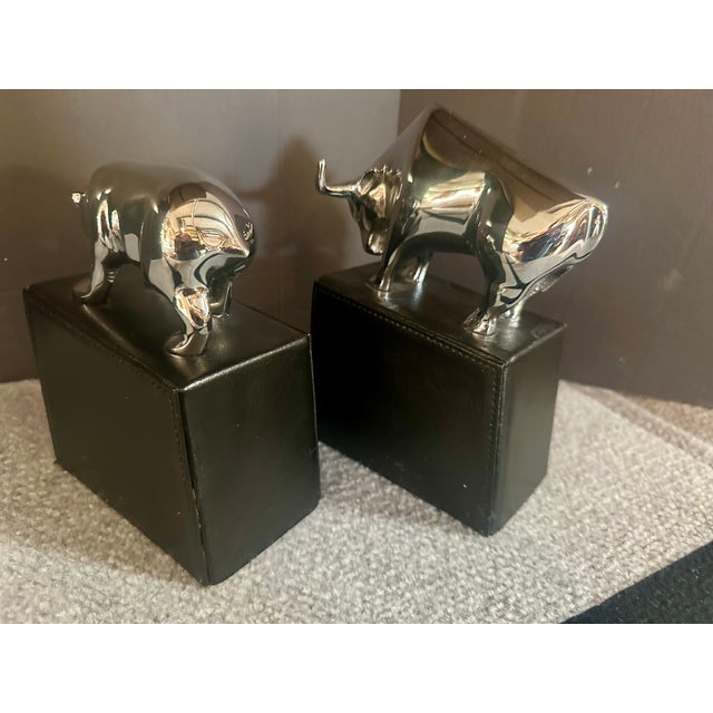 1980s Polished Chrome Bull and Bear Bookends Paperweights Wall Street For Sale - Image 5 of 8