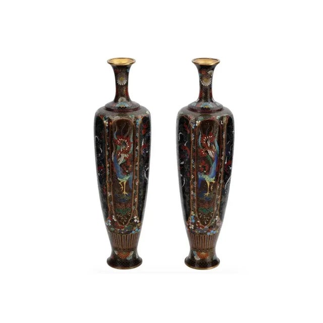Rare High Quality Pair of Meiji Japanese Cloisonne Enamel Vases Dragons and Hoho Birds Signed Ota For Sale - Image 9 of 9