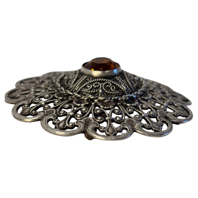 Metal Ottoman Style Turkish Silver Brooch or Veil Pin with Moorish Filigree Lace For Sale - Image 7 of 9