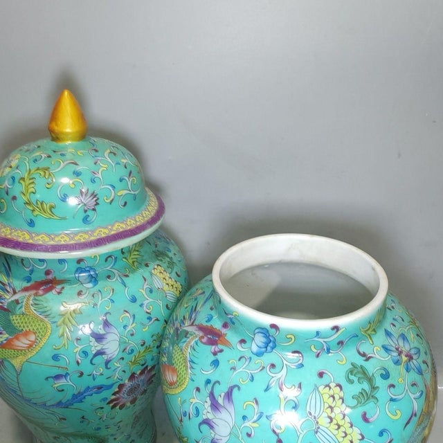 Turquoise Pair of Chinese Enameled Porcelain Dragon & Phoenix General Jars With Lids - 15" Tall For Sale - Image 8 of 9