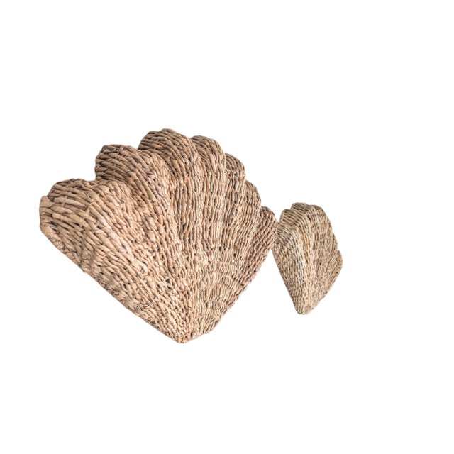 Wood Pottery Barn Wicker Clam Shell Sculptural Wall Art-a Pair For Sale - Image 7 of 13