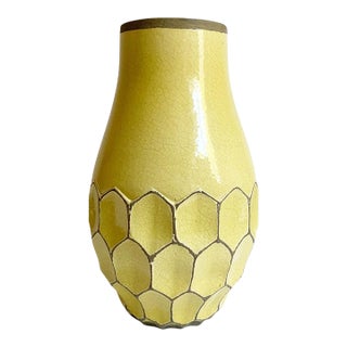 Textured Honeycomb Vase – Distressed Yellow Crackle Glaze Pottery - 11.5" Tall West Elm For Sale