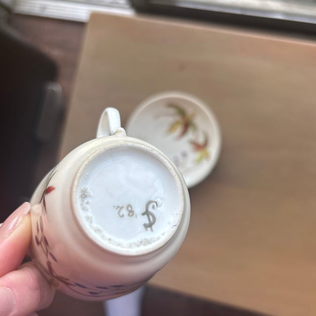 Circa 1770 Antique Bow Porcelain Tea Cup and Saucer With Hand Painted Designer Mark For Sale - Image 10 of 12