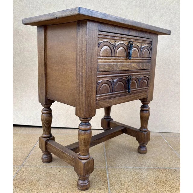 Spanish Oak Bedside Tables with Drawers and Iron Hardware, 1950s, Set of 2 For Sale - Image 9 of 11
