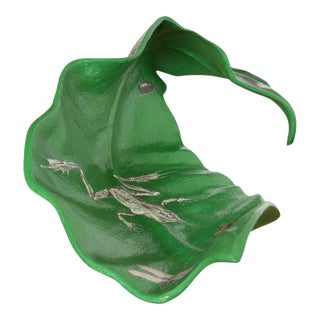 Vintage Sculptural Green Leaf Form Metal Centerpiece Bowl With Découpage Appliqué For Sale