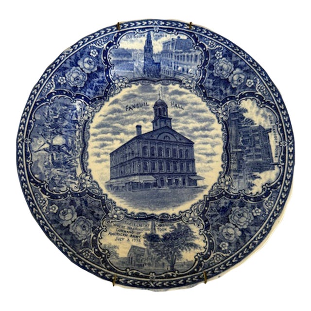 Antique Blue & White Fanuel Hall Commemorative Transferware Plate by Rowland & Marsellus Co. For Sale