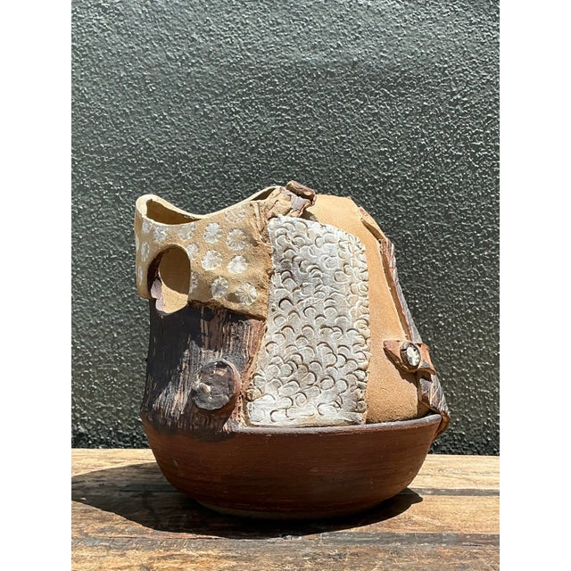 This original studio pottery vase is a masterclass in Brutalist abstract design, showcasing an exceptional range of hand-...