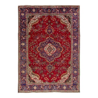 1960s Vintage Persian Tabriz Handmade Medallion Red Wool Rug For Sale