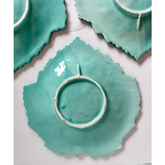 Vintage Portuguese Majolica Leaf Plates – Set of 6 Turquoise & Green Glazed For Sale - Image 9 of 12