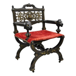 Antique Victorian Aesthetic Movement Ebonized Curule Throne Arm Chair With Lions For Sale