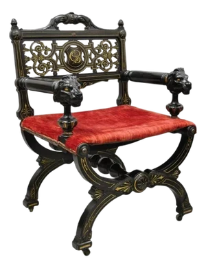 Antique Victorian Aesthetic Movement Ebonized Curule Throne Arm Chair With Lions
