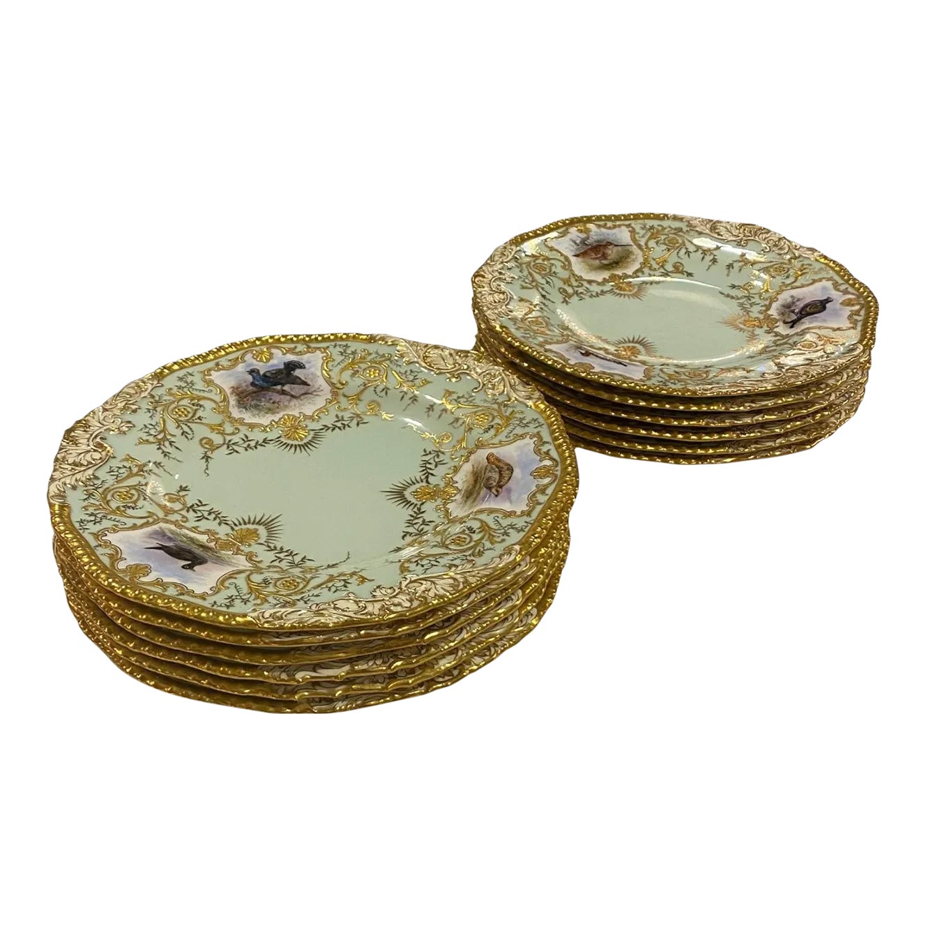 Late 19th Century English Coalport Mint Green Hand Painted Game