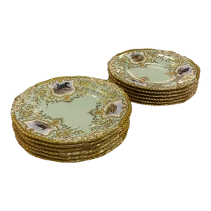 Late 19th Century English Coalport Mint Green Hand Painted Game Bird Gilded Porcelain 9” Plates - Set of 12