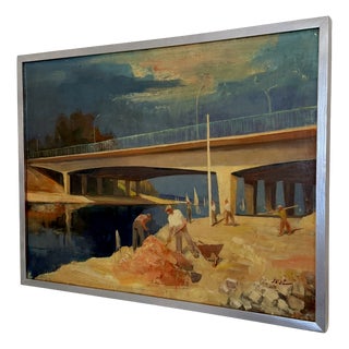 French School, Bridge Workers, 1950s, Oil on Canvas, Beech and Silver For Sale