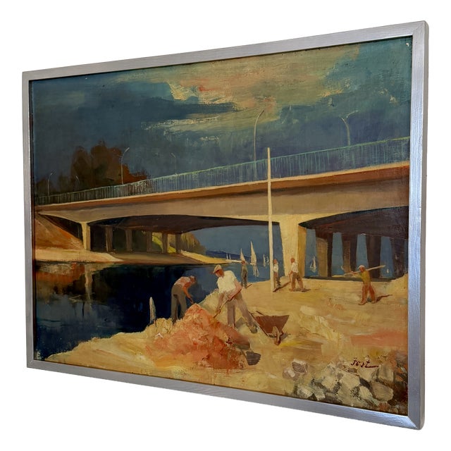 French School, Bridge Workers, 1950s, Oil on Canvas, Beech and Silver For Sale