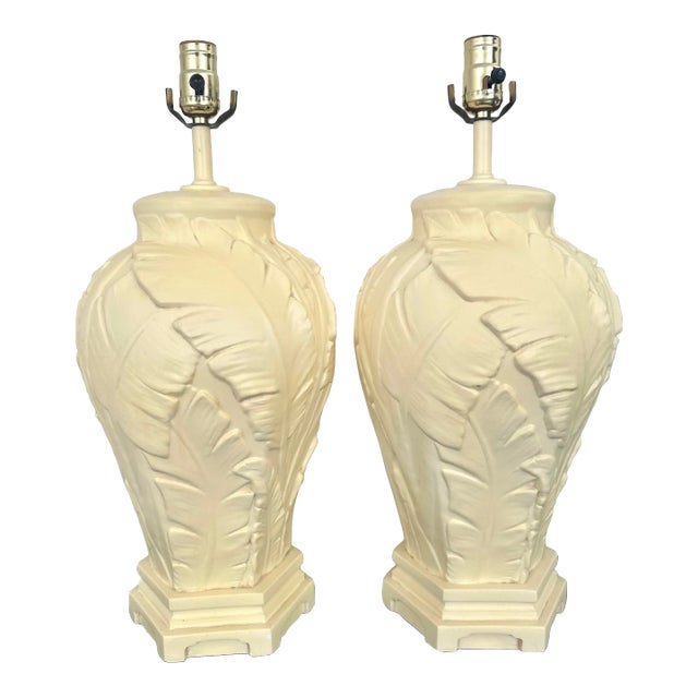 Pair of Vintage Ceramic Banana Palm Leaf Lamps For Sale
