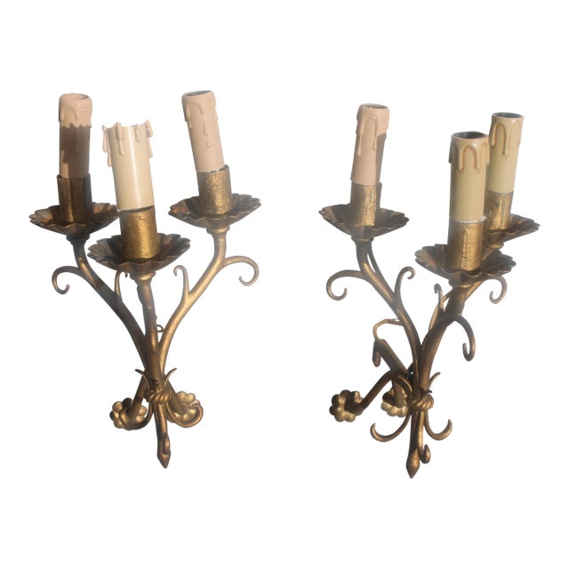 1930s Traditional Gilt Steel Maison Bagues Style 3 Light Sconces - a Pair For Sale