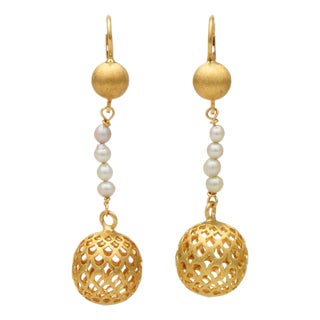 18KY Cultured Pearl & Textured Ball Dangle Earrings, 2 pieces For Sale
