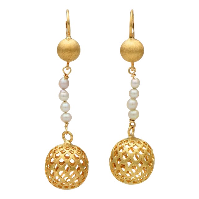 18KY Cultured Pearl & Textured Ball Dangle Earrings, 2 pieces For Sale