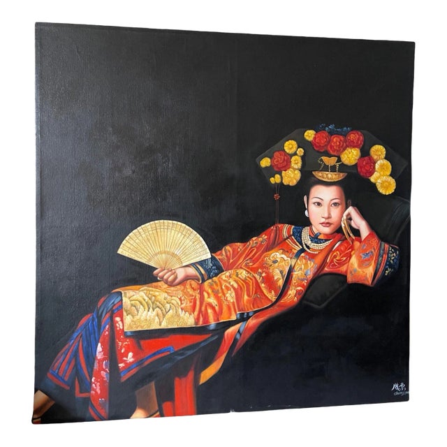 Late 20th Century Portrait Oil Painting of a Reclining Asian Woman with Fan For Sale