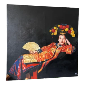 Late 20th Century Portrait Oil Painting of a Reclining Asian Woman with Fan