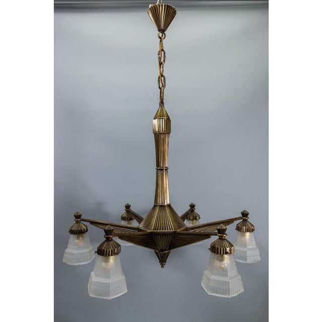 Art Deco French Bronze and Frosted White Glass Six-Light Chandelier, 1920 For Sale - Image 12 of 18