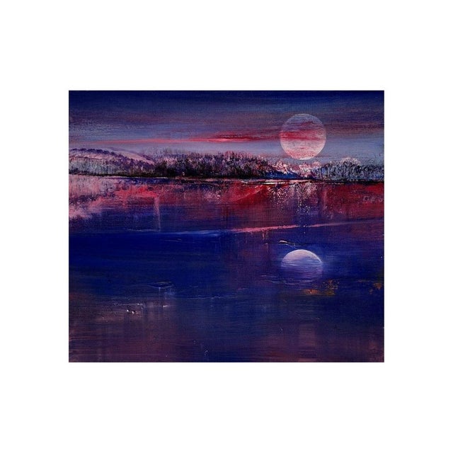 Deep indigo hues dominate this atmospheric oil painting. A celestial body hangs low in a twilight sky. Its pale glow...