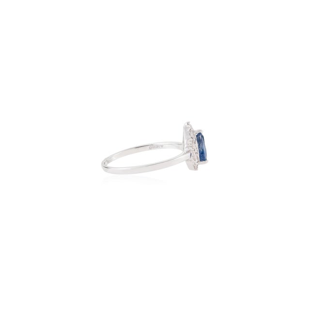 Metal 14k Gold 1ct Pear Shape Blue Sapphire Diamond Halo Art Deco Ring Size 4 For Sale - Image 7 of 15